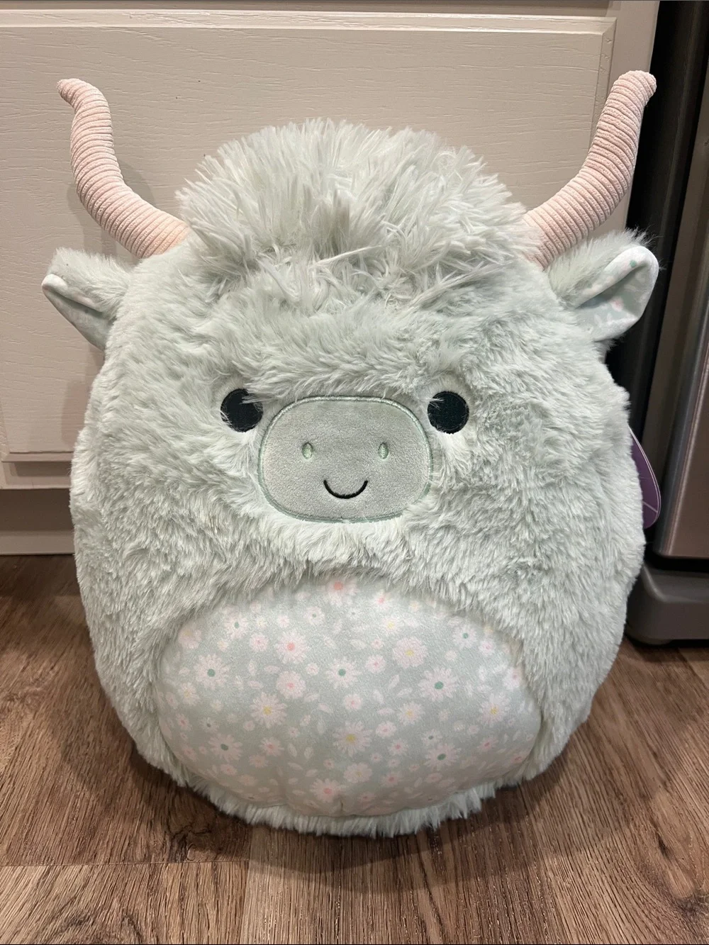 Squishmallows Mint Green Floral Belly Plush with tan Horns